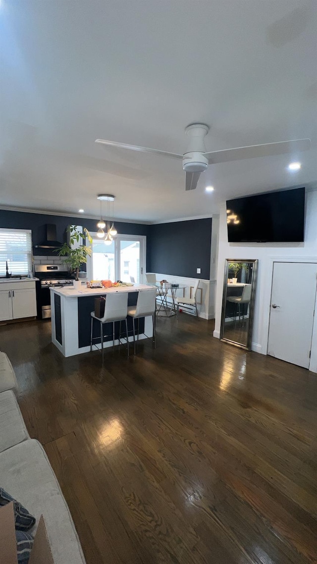 living room with ceiling fan, dark wood-type flooring, and sink