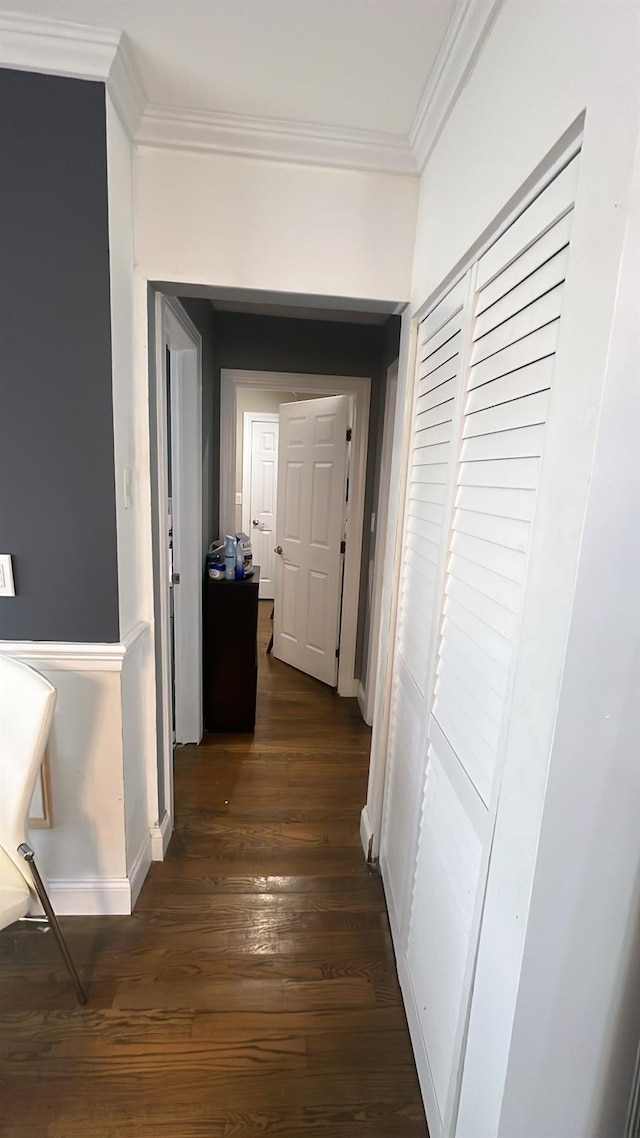 hallway with dark hardwood / wood-style floors and ornamental molding