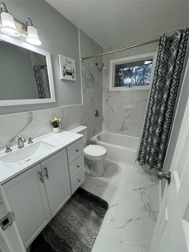 full bathroom with decorative backsplash, vanity, shower / tub combo with curtain, tile walls, and toilet