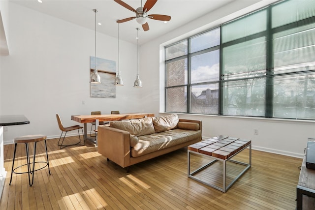 living room with ceiling fan and hardwood / wood-style flooring