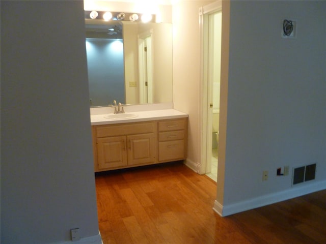 bathroom featuring hardwood / wood-style flooring and vanity