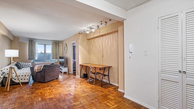 living room with parquet flooring