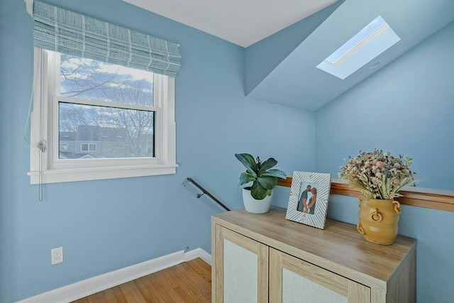 details with a skylight and hardwood / wood-style floors