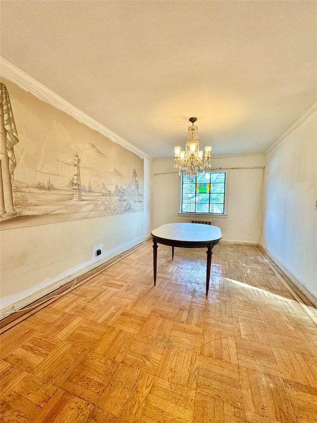 interior space featuring light parquet floors, a notable chandelier, and crown molding