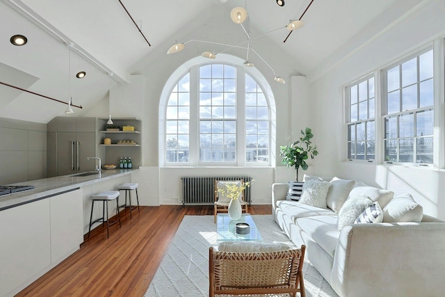 living room featuring sink, wood-type flooring, radiator heating unit, and vaulted ceiling with beams