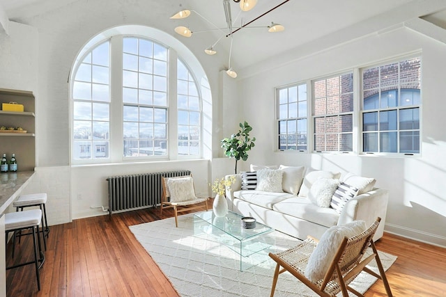 living area with radiator heating unit and hardwood / wood-style floors