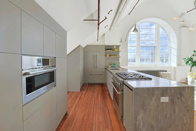 kitchen with stainless steel appliances, sink, lofted ceiling, hardwood / wood-style floors, and gray cabinets