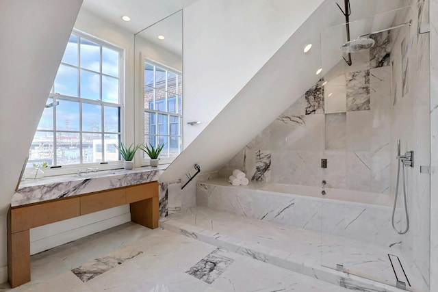 bathroom featuring separate shower and tub, plenty of natural light, and vanity