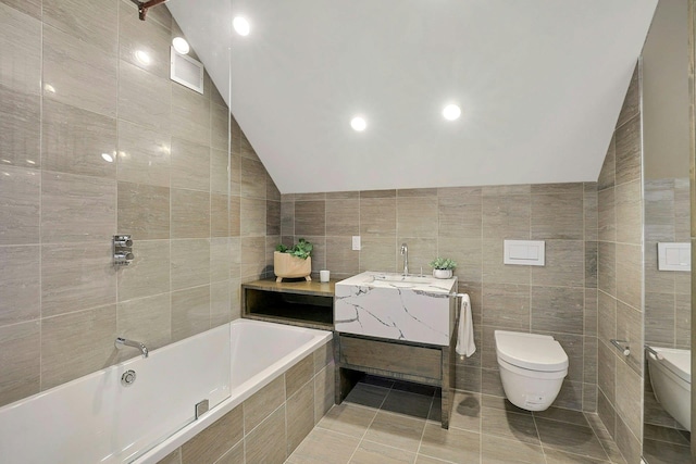 bathroom featuring tile walls, vaulted ceiling, and toilet