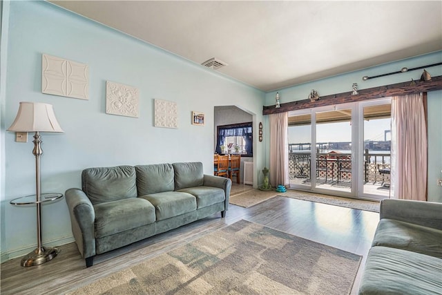 living room with hardwood / wood-style flooring