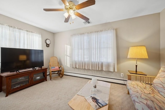 carpeted living area with visible vents, a ceiling fan, and a baseboard heating unit