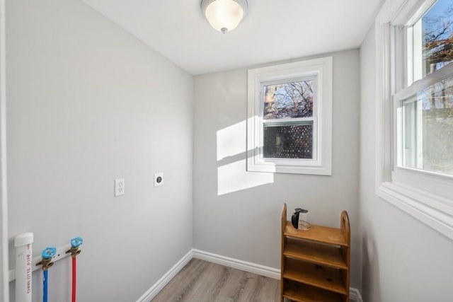 clothes washing area with a healthy amount of sunlight, hookup for an electric dryer, light wood finished floors, and laundry area