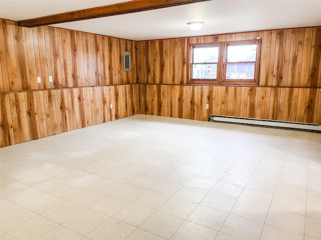 spare room featuring beamed ceiling, wood walls, electric panel, and a baseboard radiator