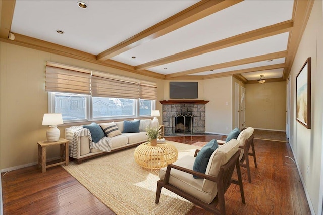 living room with beam ceiling, a fireplace, and dark hardwood / wood-style flooring