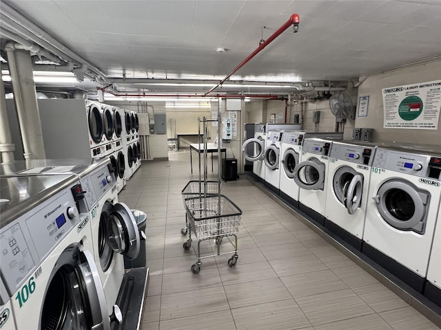 clothes washing area featuring washing machine and clothes dryer, electric panel, and stacked washer / drying machine