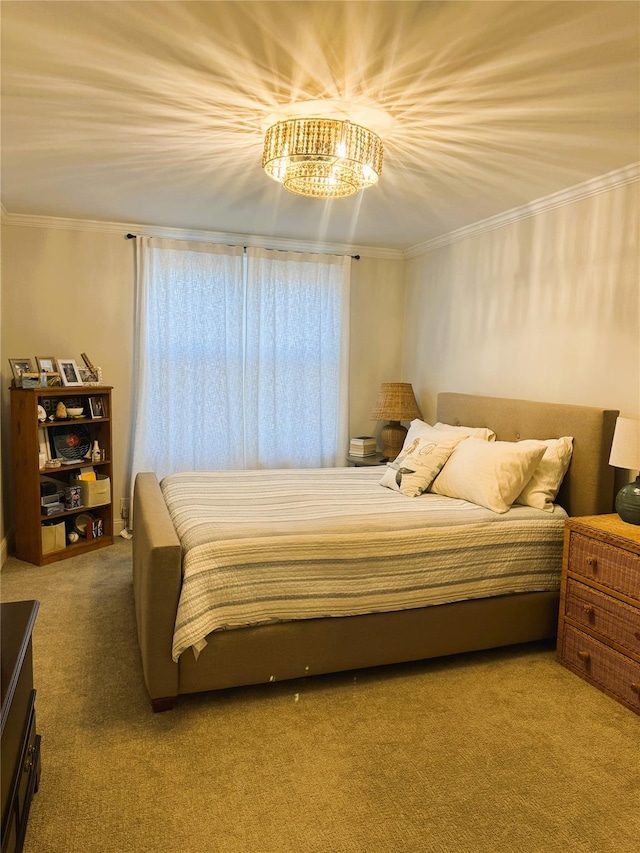 carpeted bedroom with ornamental molding and an inviting chandelier