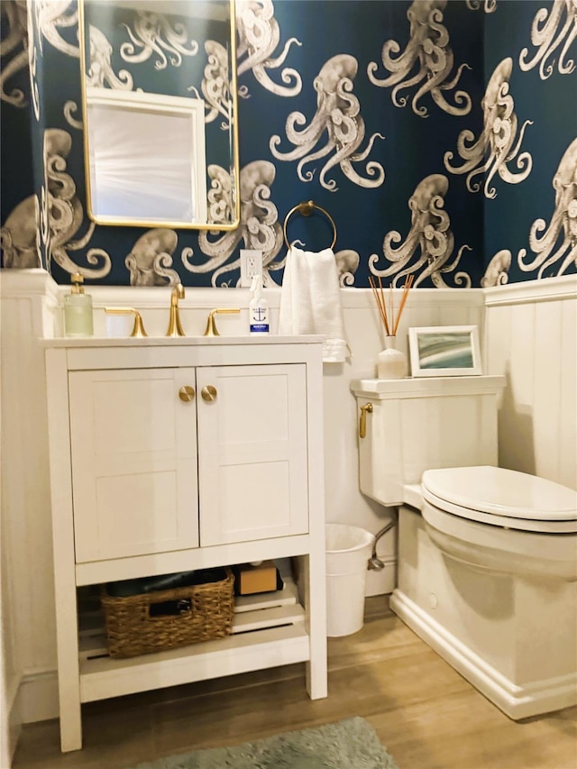 bathroom featuring toilet, wood-type flooring, and vanity