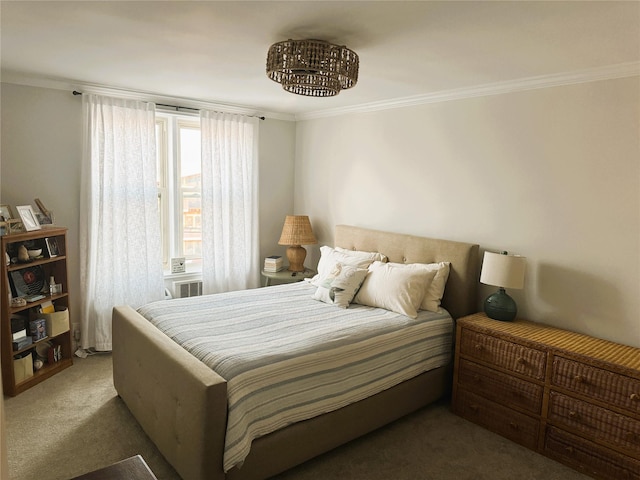 carpeted bedroom with ornamental molding