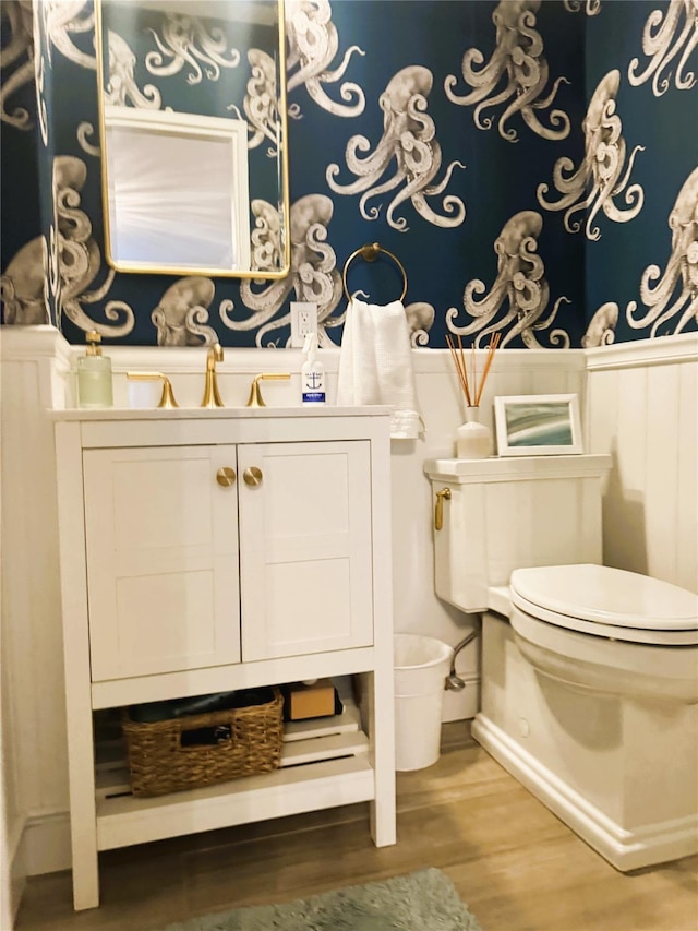 bathroom with toilet, vanity, and wood finished floors