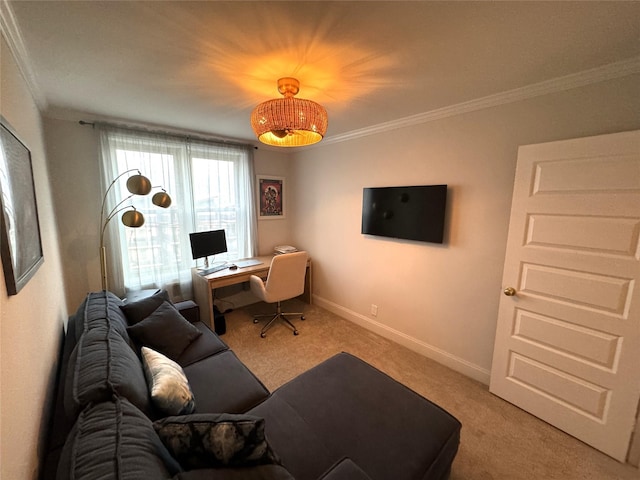 home office featuring baseboards, ornamental molding, and light colored carpet