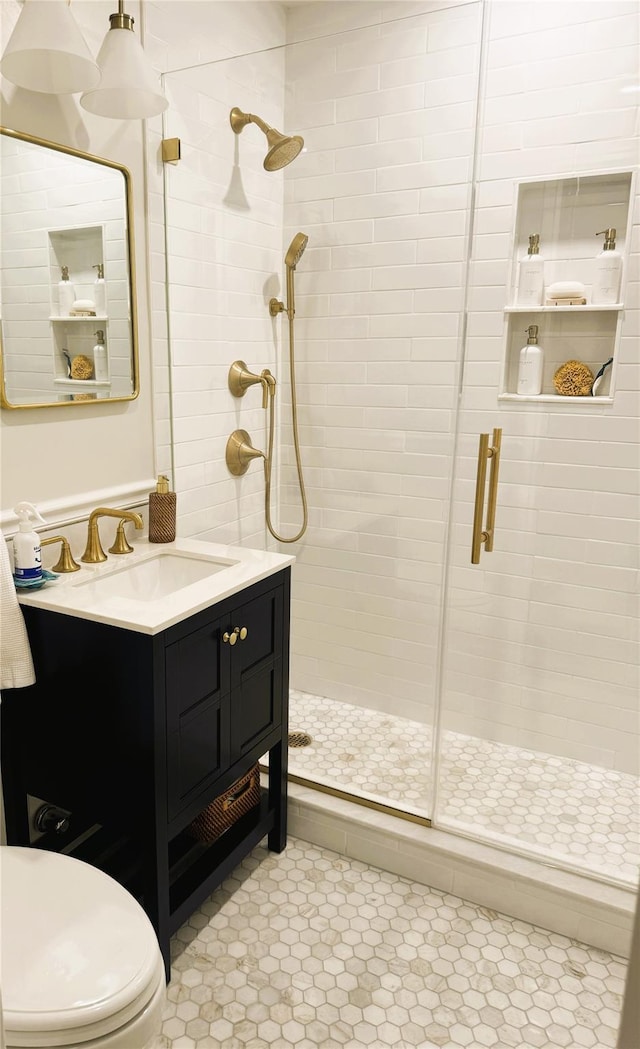 bathroom featuring toilet, vanity, and a shower stall
