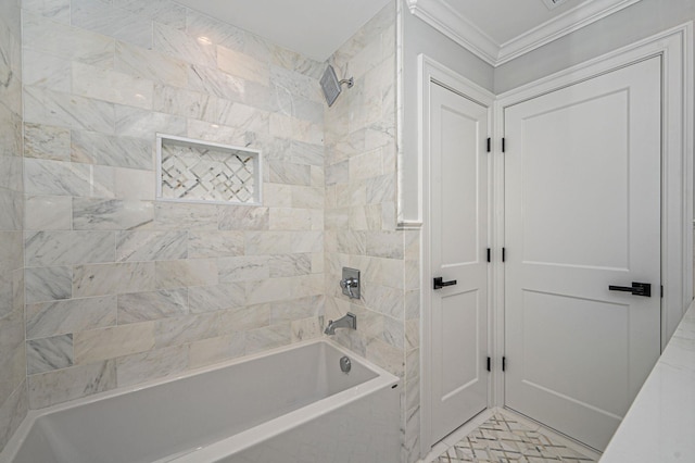 bathroom with shower / tub combination and crown molding