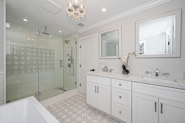 bathroom with vanity, crown molding, shower with separate bathtub, and an inviting chandelier