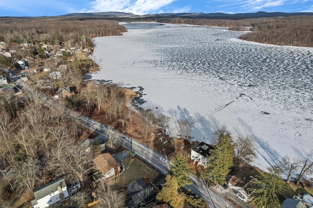 aerial view featuring a water and mountain view