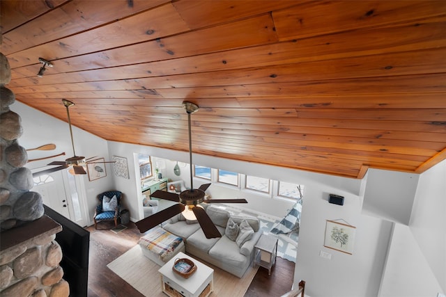 living room with wood ceiling, ceiling fan, lofted ceiling, and hardwood / wood-style floors