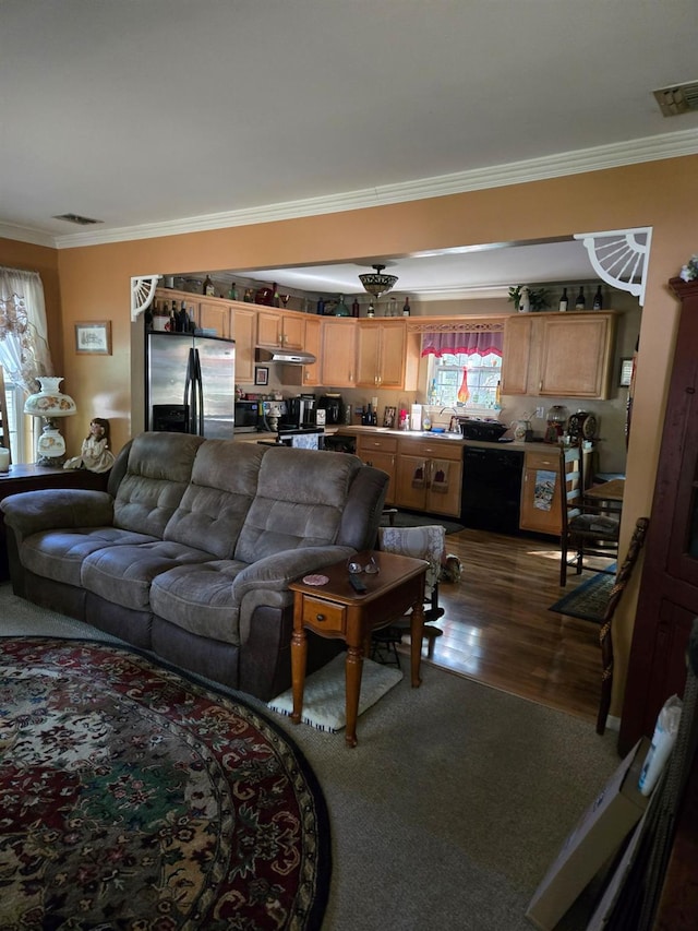 living room with dark hardwood / wood-style floors and crown molding