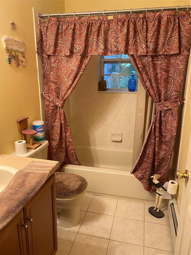 full bathroom featuring a baseboard radiator, tile patterned flooring, toilet, shower / bath combo with shower curtain, and vanity