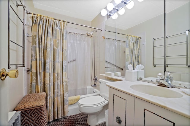 full bathroom featuring vanity, toilet, and shower / bathtub combination with curtain