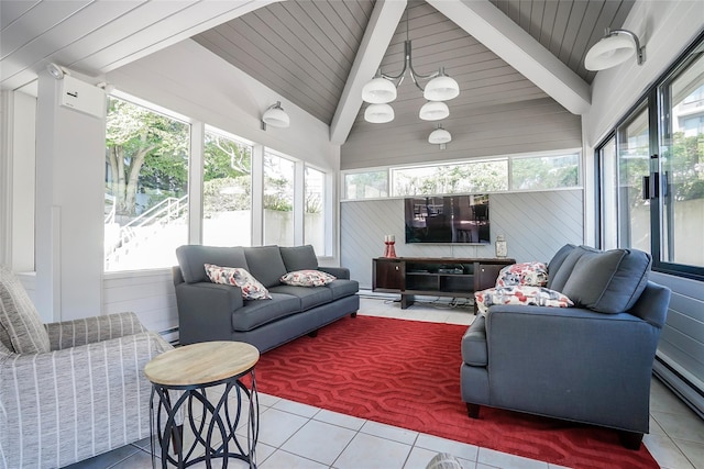 sunroom with a baseboard radiator and lofted ceiling with beams