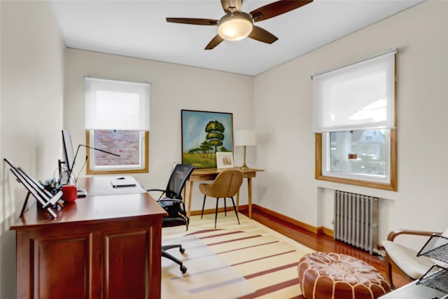 office featuring ceiling fan, light wood-type flooring, and radiator heating unit