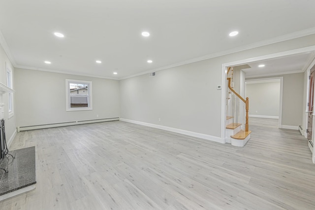 unfurnished living room with ornamental molding, a baseboard radiator, and light hardwood / wood-style floors