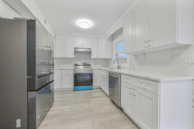 kitchen featuring appliances with stainless steel finishes, tasteful backsplash, sink, light hardwood / wood-style floors, and white cabinetry