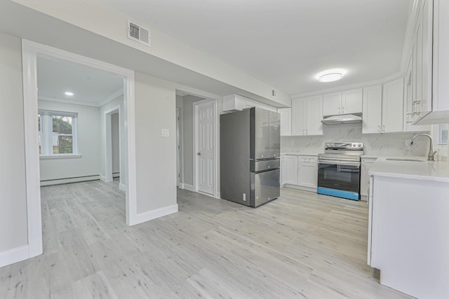 kitchen with white cabinetry, sink, a baseboard heating unit, backsplash, and appliances with stainless steel finishes