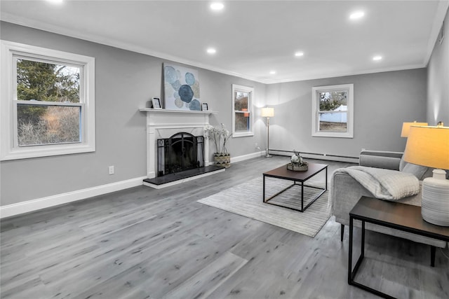 living room featuring baseboard heating, crown molding, hardwood / wood-style floors, and a wealth of natural light