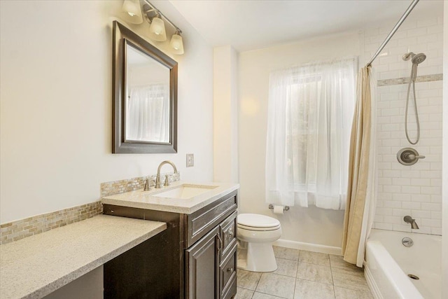 full bathroom with vanity, backsplash, shower / bath combination with curtain, tile patterned flooring, and toilet