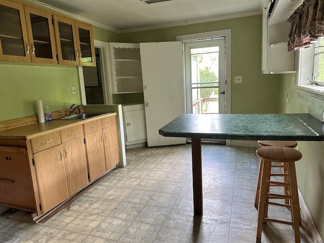 kitchen with a breakfast bar area, crown molding, and sink