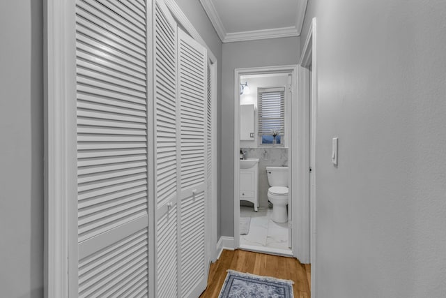 hallway featuring light hardwood / wood-style floors and crown molding