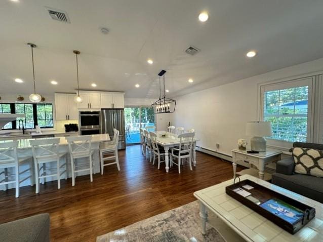 living room featuring dark hardwood / wood-style flooring, a wealth of natural light, and a baseboard radiator