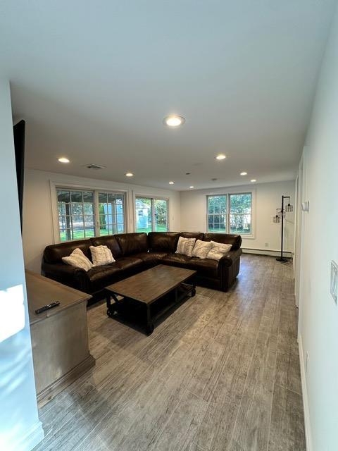 living room with light hardwood / wood-style flooring