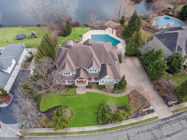 drone / aerial view with a water view