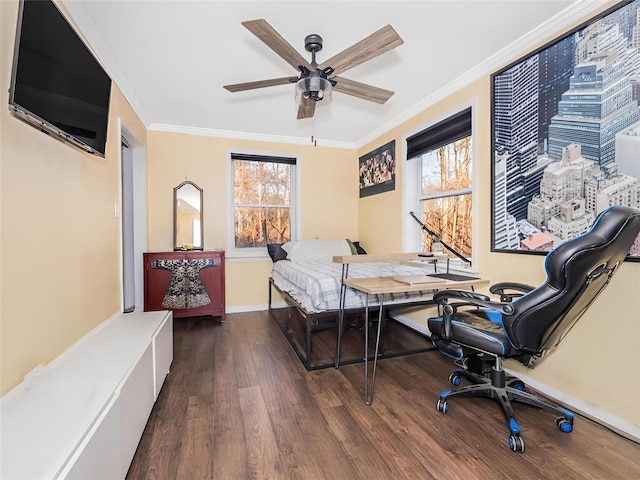 home office with crown molding, ceiling fan, and dark wood-type flooring