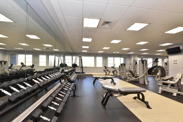 gym featuring plenty of natural light and a paneled ceiling