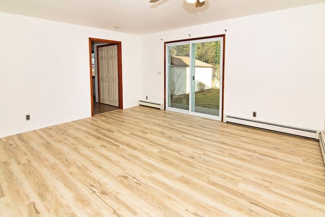 unfurnished room featuring ceiling fan, light hardwood / wood-style floors, and a baseboard radiator