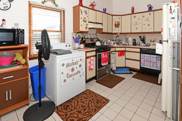 kitchen featuring electric range, white fridge, washer / dryer, dishwashing machine, and light tile patterned floors