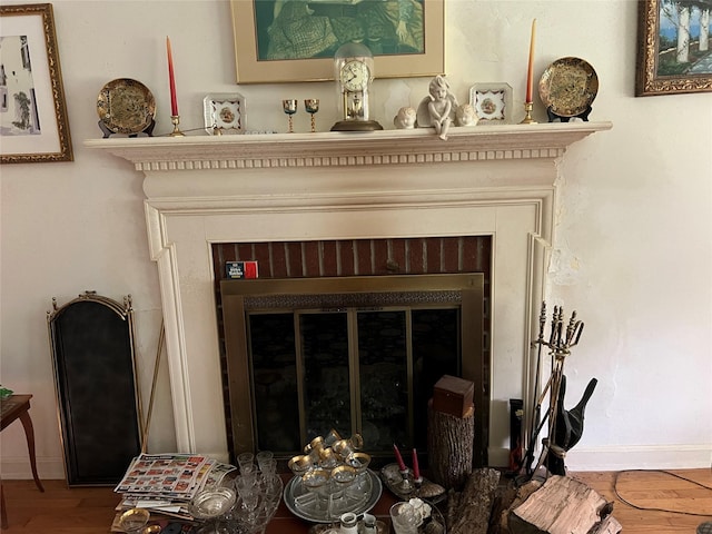 room details with a fireplace and wood-type flooring