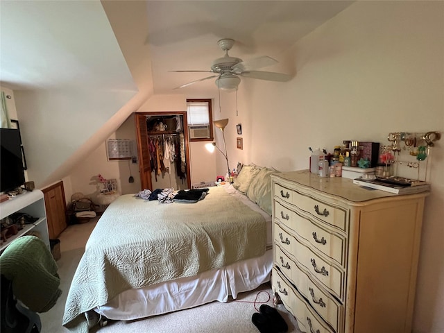 carpeted bedroom featuring vaulted ceiling, ceiling fan, and cooling unit